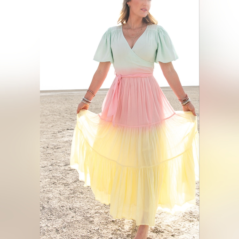 Ivy City Co Pastel Ombre Maxi Dress in Mint, Pink & Yellow